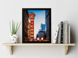 A wooden wall shelf holds a small plant, books, and a framed photograph of the Chase Chicago signs, street lights, and buildings.
