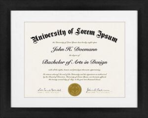 A framed university diploma is set in a black frame with a white matte background.