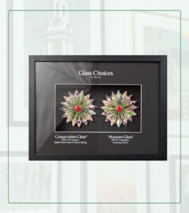 A framed image of the text "two glass options" and two photos. Peterson Picture Co. carefully glazes it from a selection of four glaze options.