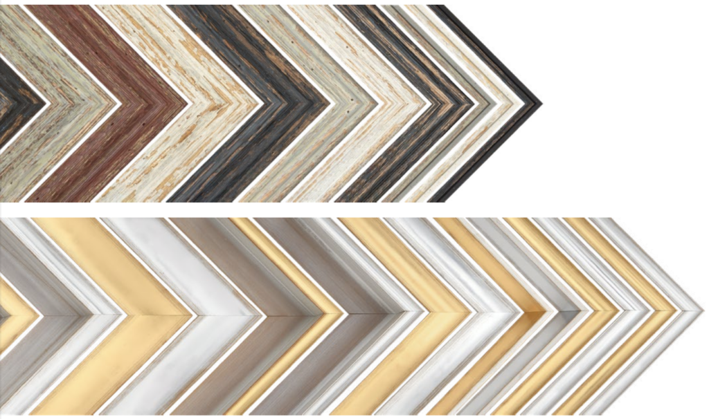A sampling of frames, one stack showing neutral colors like light green, red, tan, and black. The other stack shows metallic colors like gold and silver.