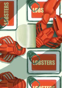 Lobster by 5ruruim is an art piece shown at the Peterson Picture Co. in-house gallery. It features an animated image of lobsters and metal tins with "Lobster" labels on top.