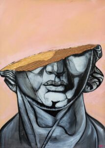 Rise and Fall is a piece by Luis Guzman, featured in Gallery 2720. It displays a black and white art piece of a person with half their head cut off on a peach-orange background.